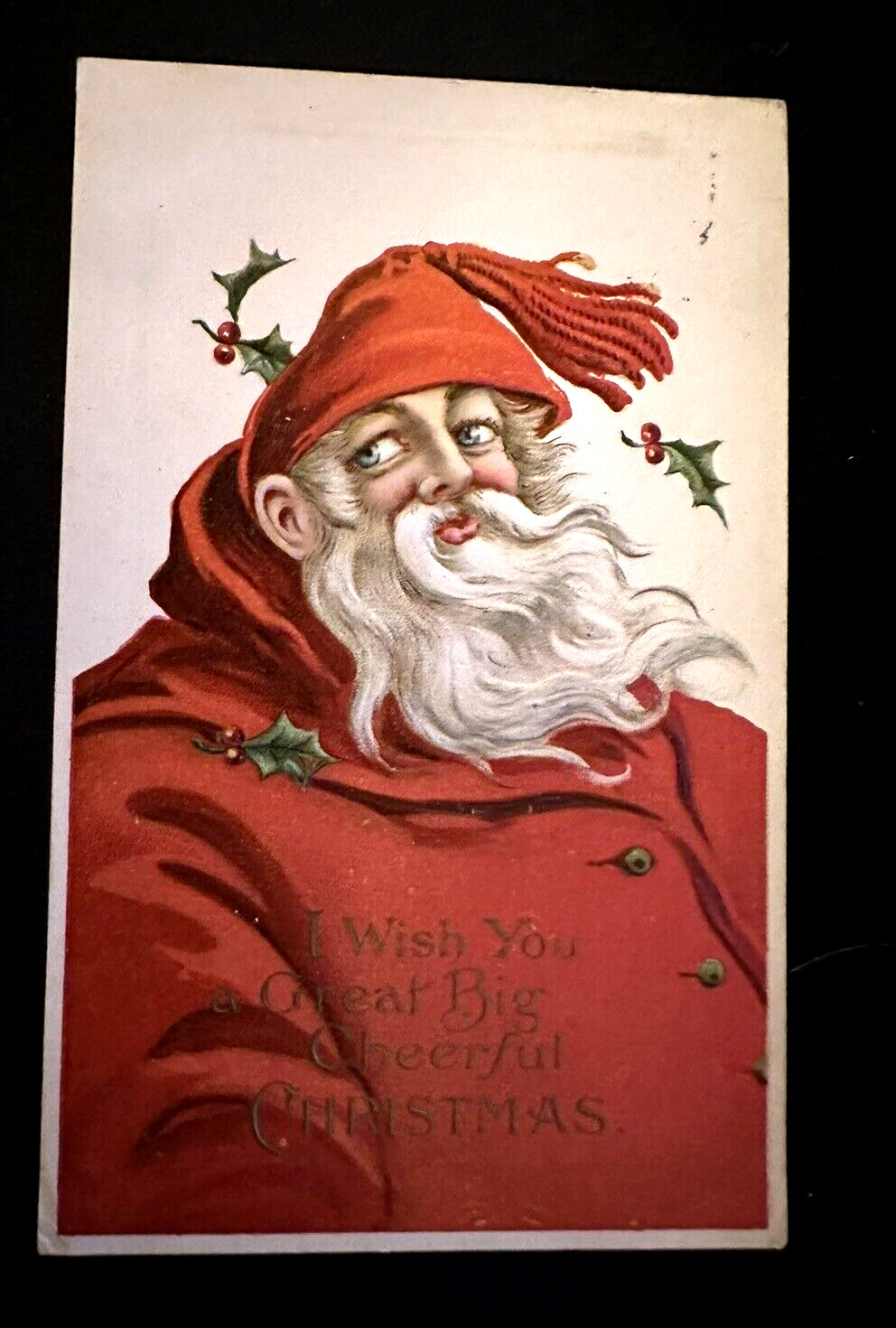 Rare~Mischievous & Colorful~Red Robe Santa Claus~Antique Christmas Postcard~k668