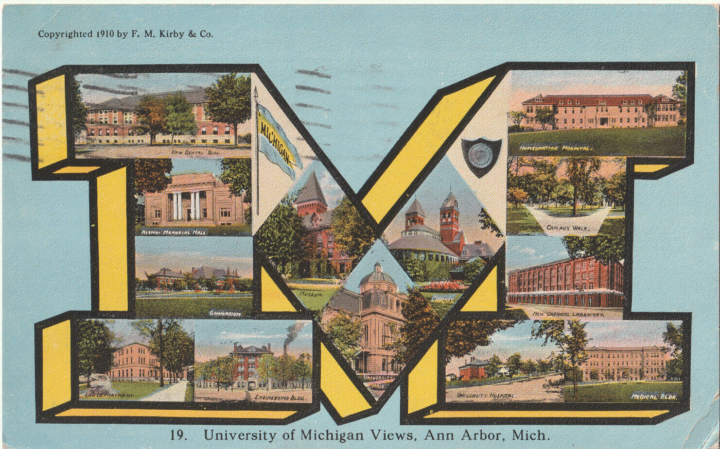 c1917~University of Michigan~Ann Arbor MI~Large Varsity Letter~Vintage Postcard