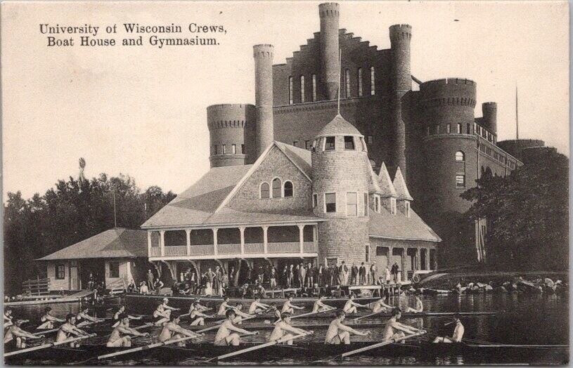 Vintage 1910s UNIVERSITY OF WISCONSIN Madison Postcard Rowing Crews / Boat House