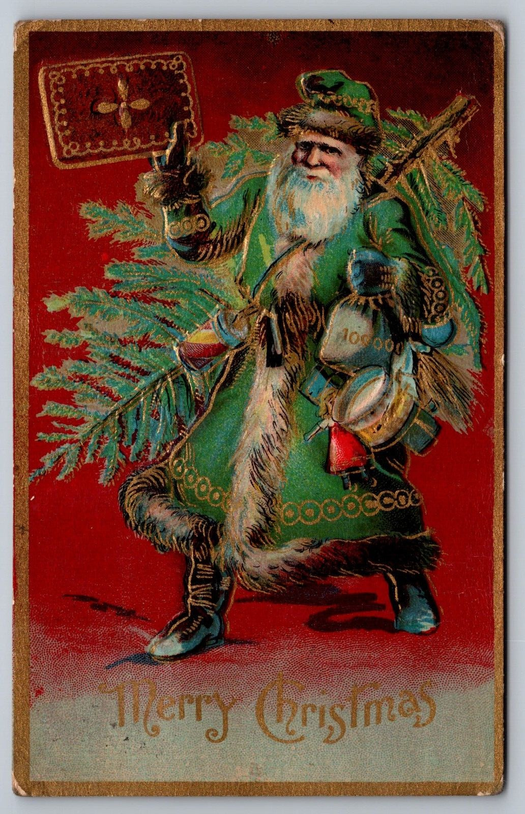 Merry Christmas Santa Dressed In Green Robe w/ Tree & Toys-VTG Embossed Postcard