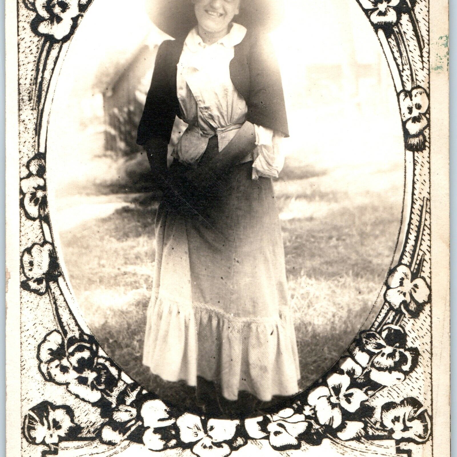 c1900s Cute Smiling Woman RPPC Fancy Border Real Photo Antique Postcard B&W A1