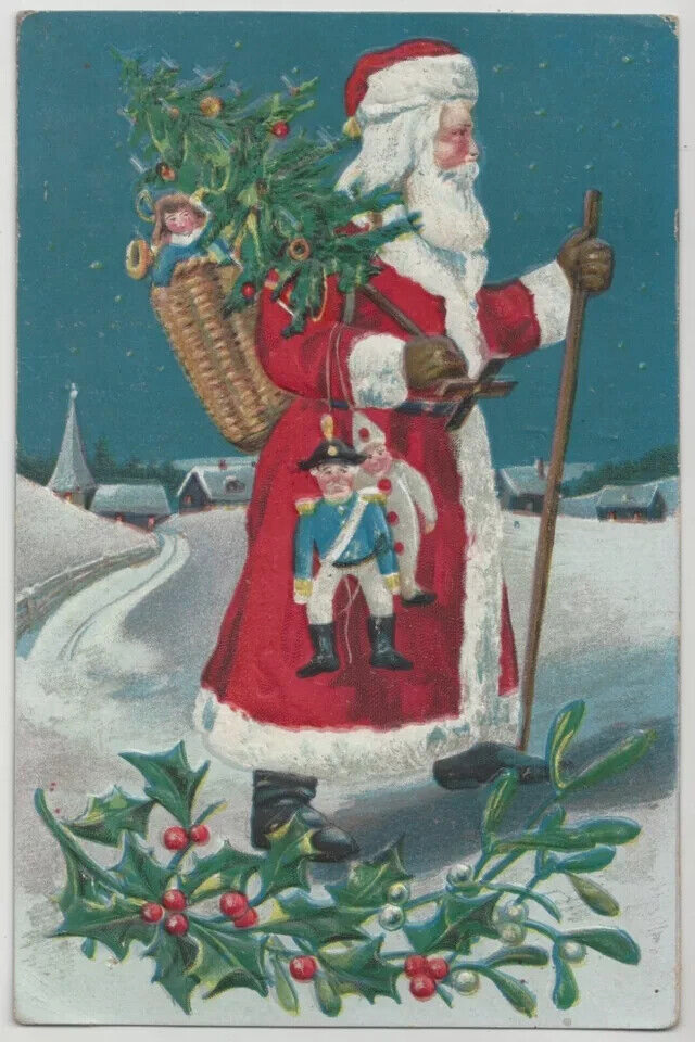 Long Red Robe Santa Claus in Snow with Toy Basket~1910 Christmas Postcard~k416