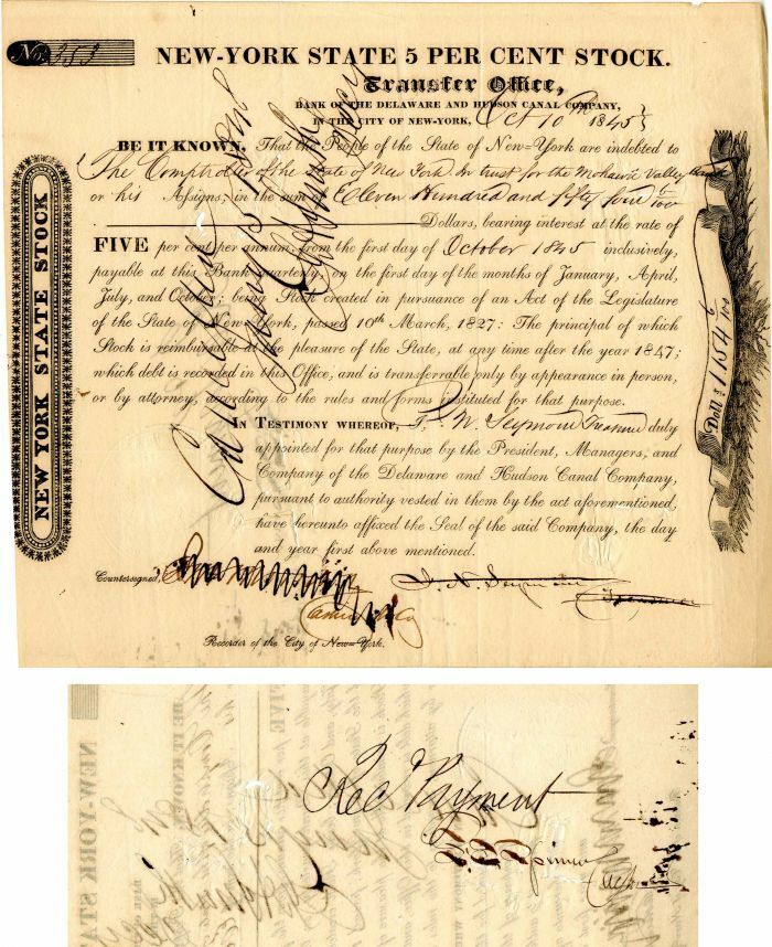 Bank of the Delaware and Hudson Canal Co. signed by Francis Spinner - Stock Cert