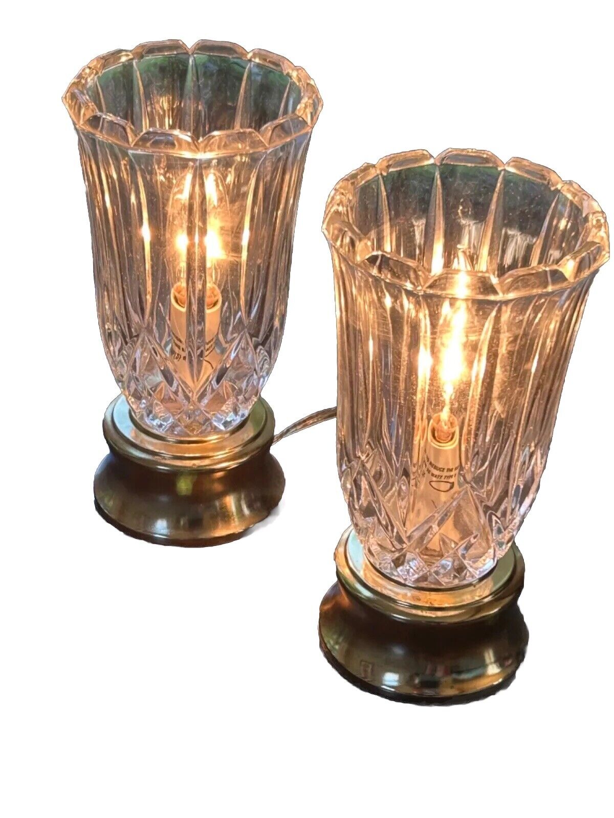 Lot Of  2 Vintage Crystal Glass Table Lamps Gold Base Hollywood Regency Style8”