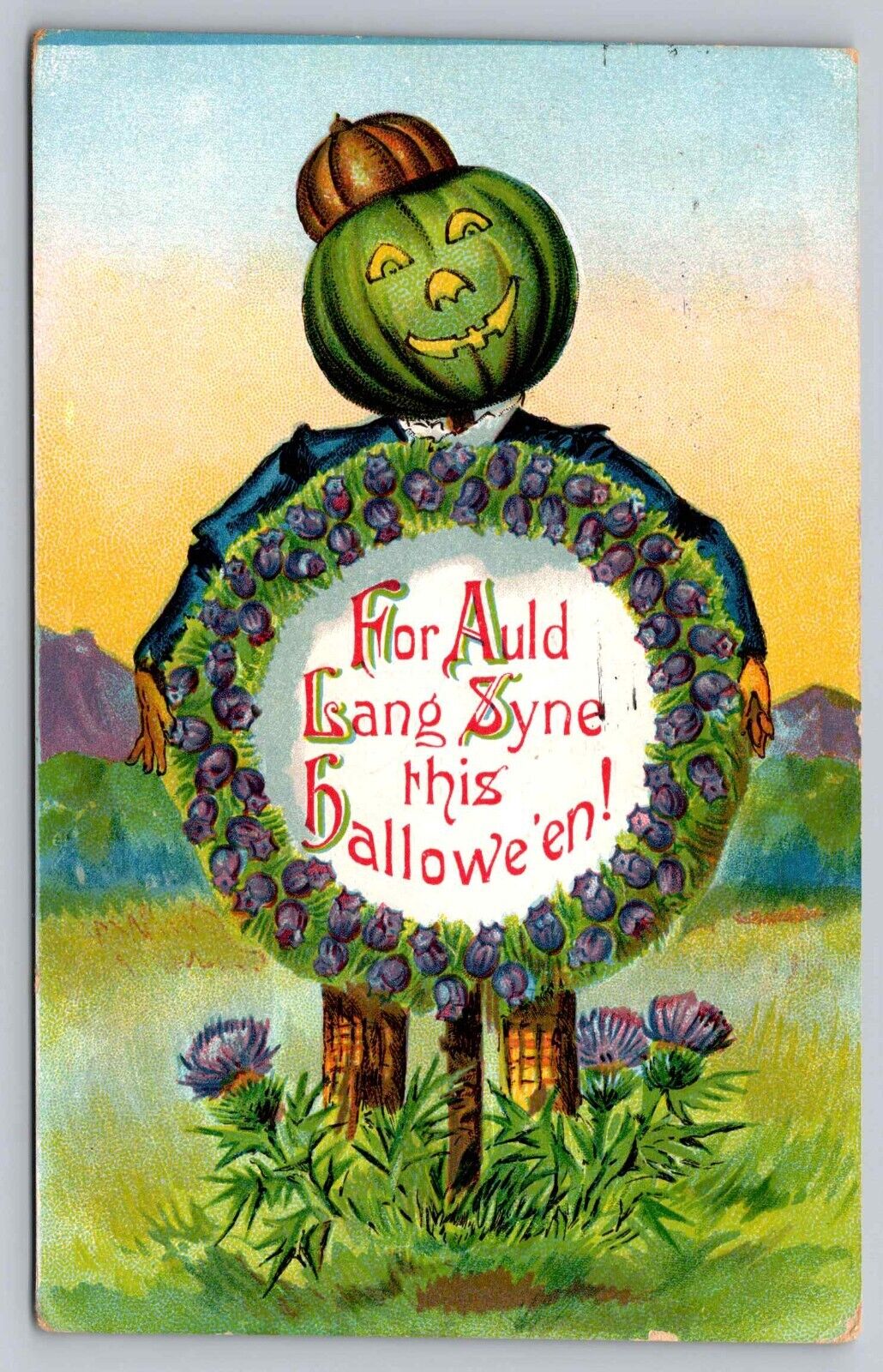 Postcard Halloween JOL Scarecrow Wreath Gottschalk Dreyfuss & Davis 2