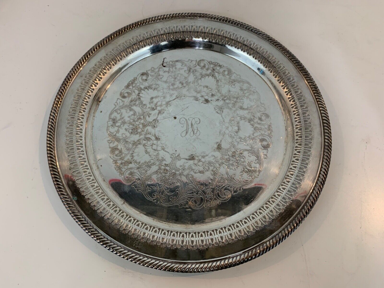Vintage W. M. Rogers Silver Plate Round Serving Tray with Pierced Rim #170