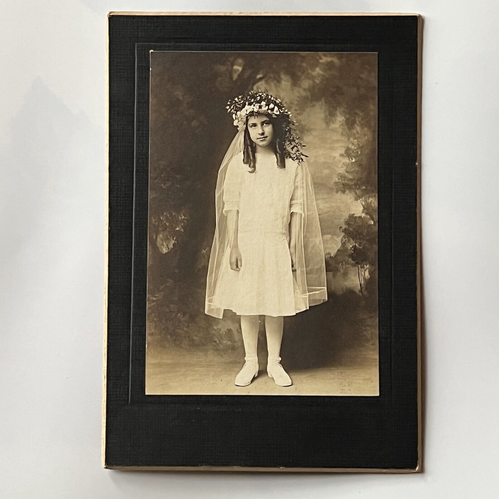 Antique Cabinet Card Photograph Adorable Little Girl Confirmation Flower Veil