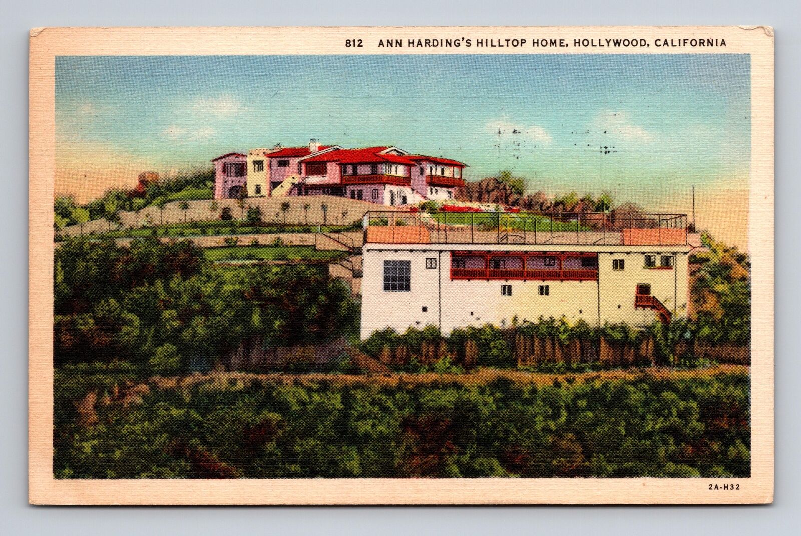 c1932 Linen Postcard Hollywood CA California Ann Harding\'s Hilltop Home