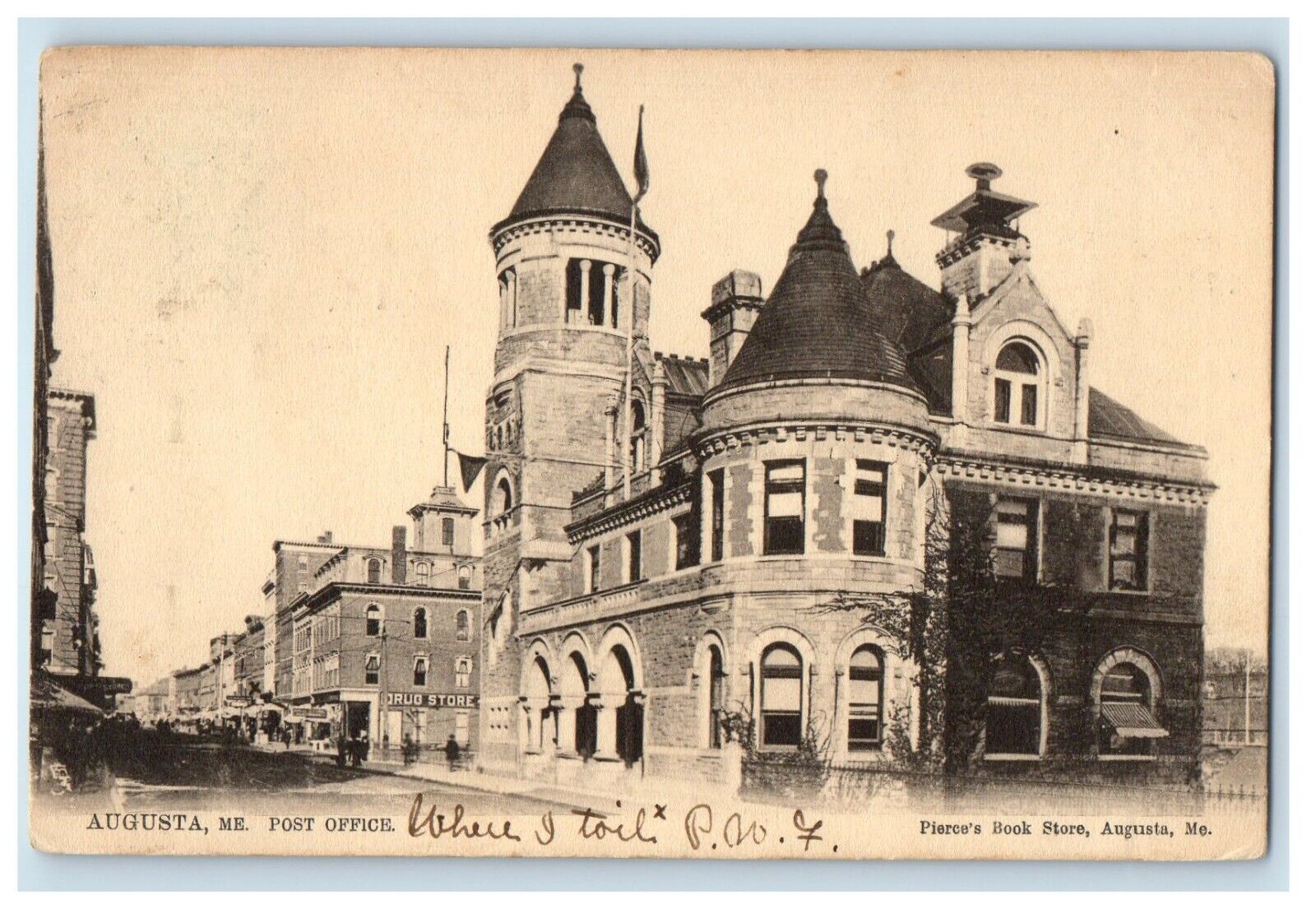 1905 Augusta Maine ME, Post Office Building Street View Antique Tuck's Postcard