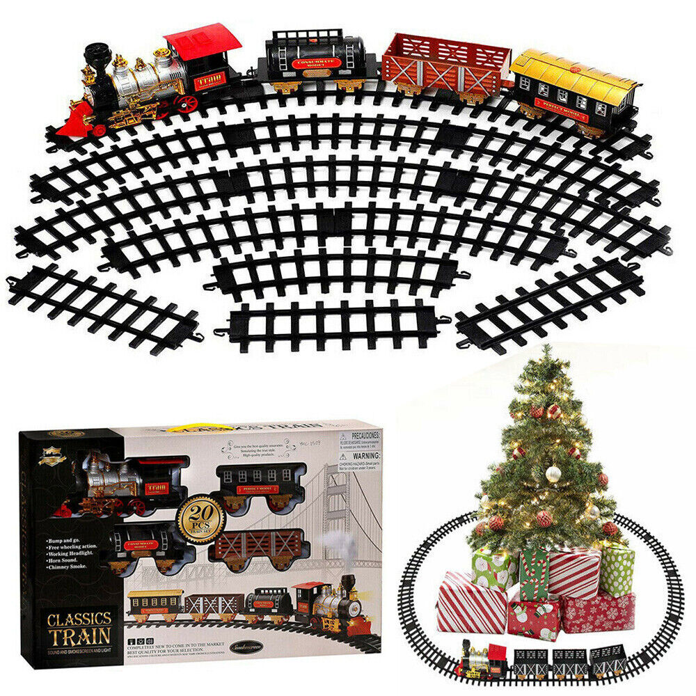 Classic Christmas Train Toy Track Set Around Xmas Tree With Light Sound Smoke