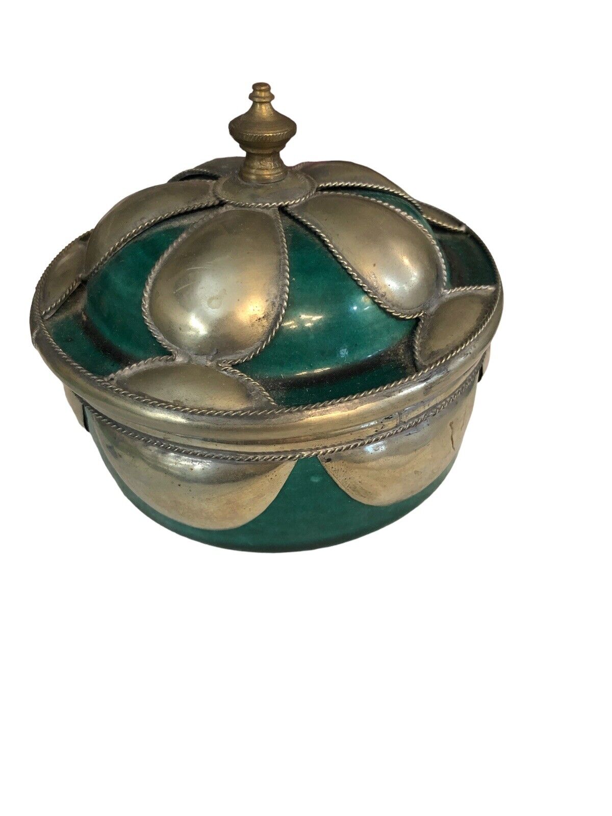 Tangier, Morocco Vintage Emerald Ceramic Urn With Fine Silver Overlay