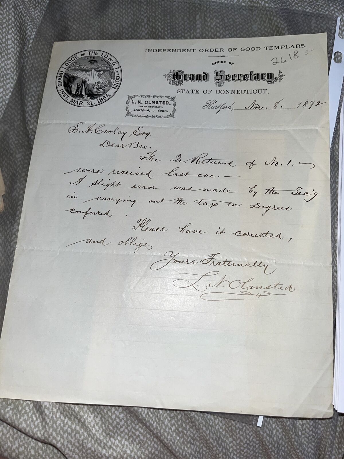 1872 Hartford CT Independent Order of Good Templars Memo: Olmsted Genealogy