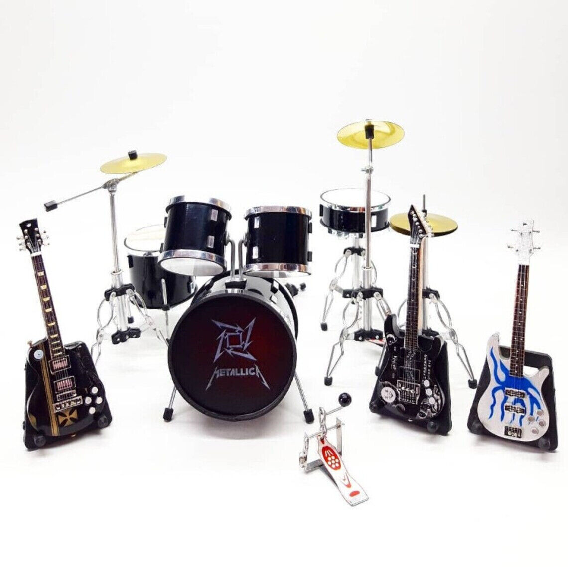 Miniature Drum Set 3 Guitars Black Metal Rock Instrument Band Gift Scale 1:12