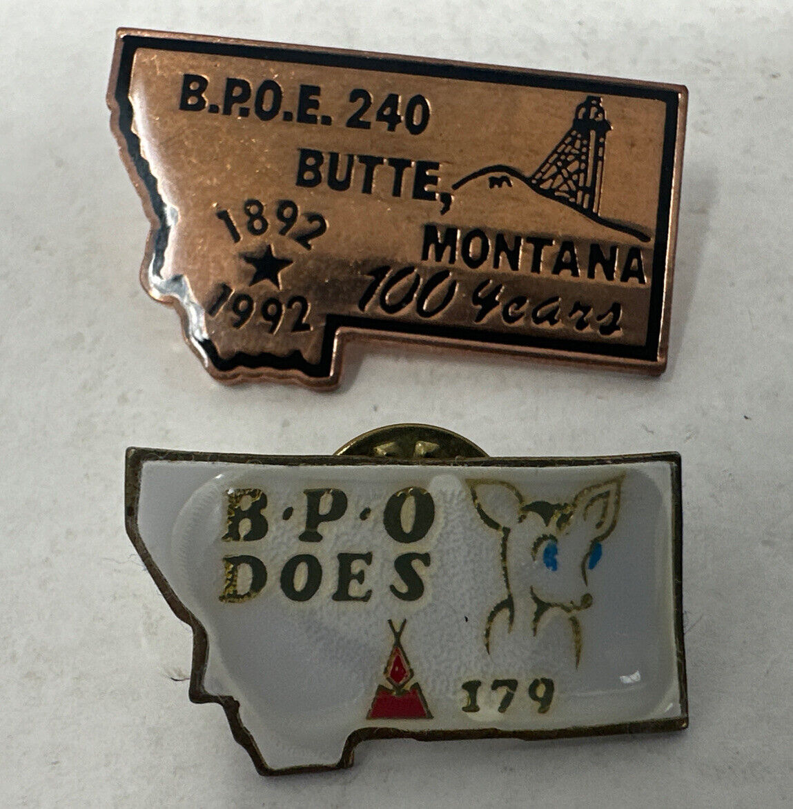 BPOE Elks 240 & BPO Does 179 Pin Back Buttons Vintage Butte Montana 1992