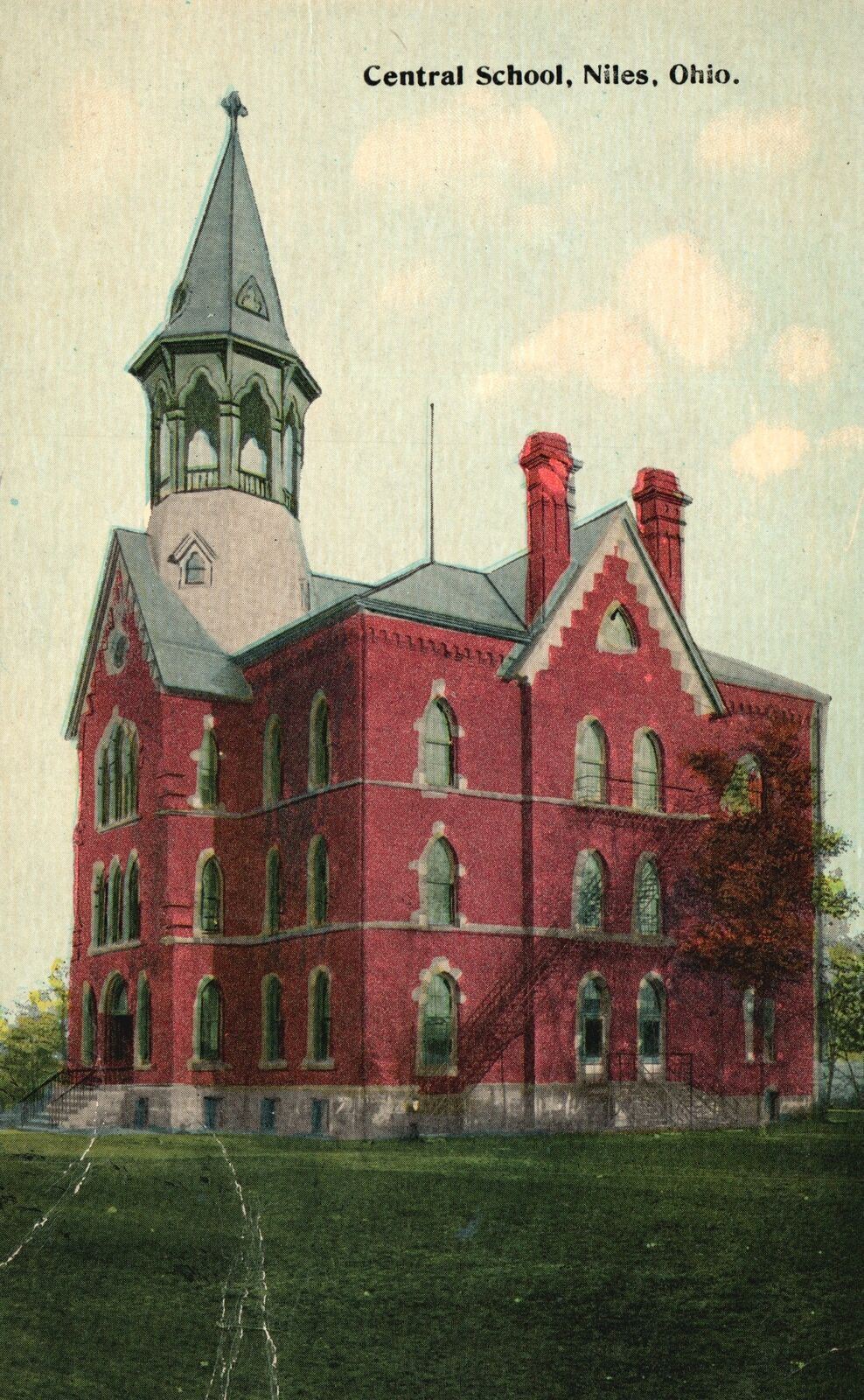 Niles OH-Ohio, 1915 Central School Front View Red Stone Vintage Postcard