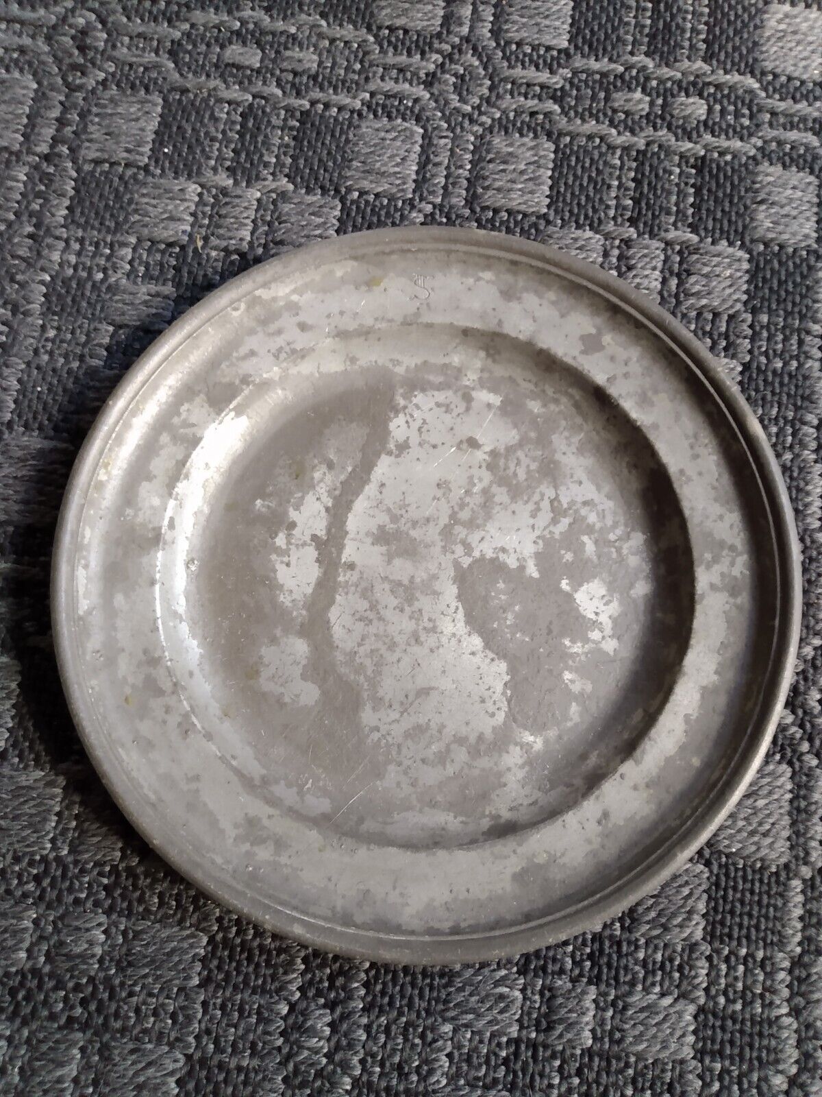 S Inscribed 18th C Antique European or German Pewter Plate Primitive