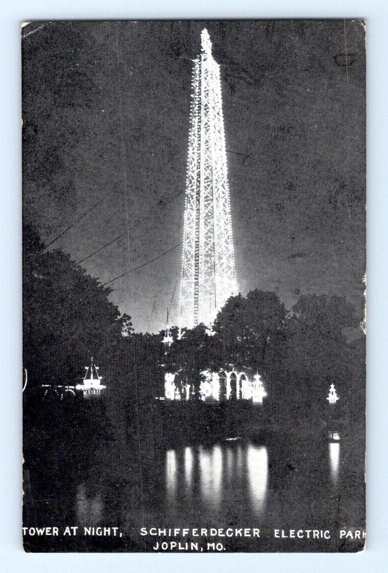 1909. JOPLIN, MO. TOWER AT NIGHT. SCHIFFERDECKER ELECTRIC PARK. POSTCARD FX24