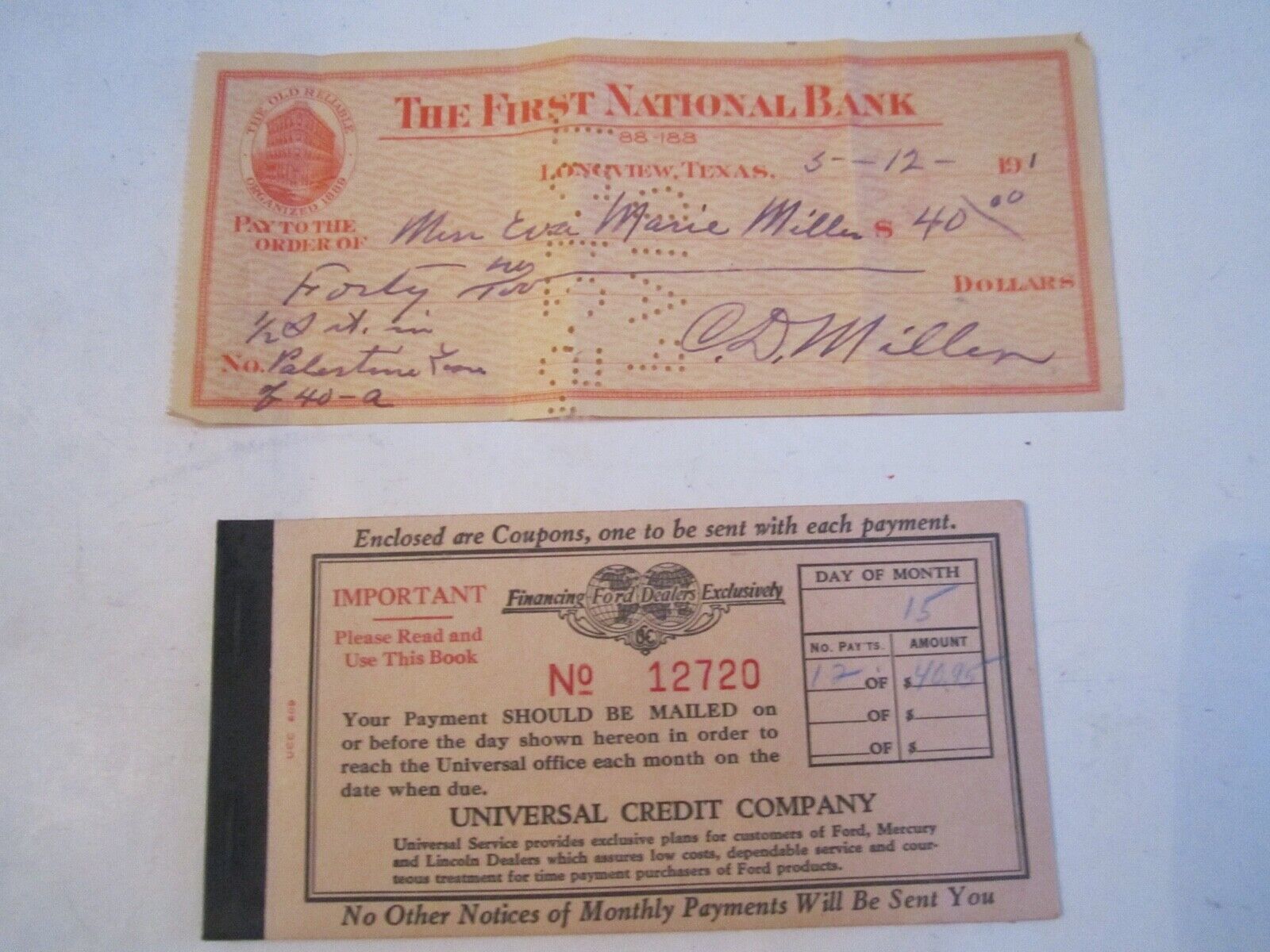 1901 FIRST NATIONAL BANK CHECK & VINTAGE UNIVERSAL CREDIT COMPANY RECORDS  SC-8