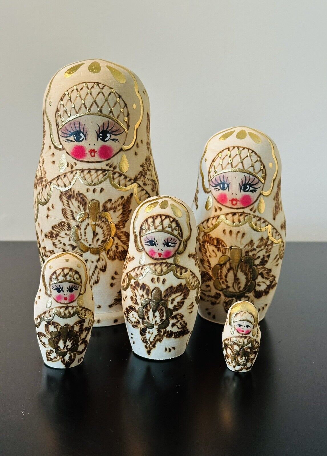 Russian Matryoshka Nesting Dolls 6” Burned Wood Inlaid Gold Hand Paint 5 Pcs Set