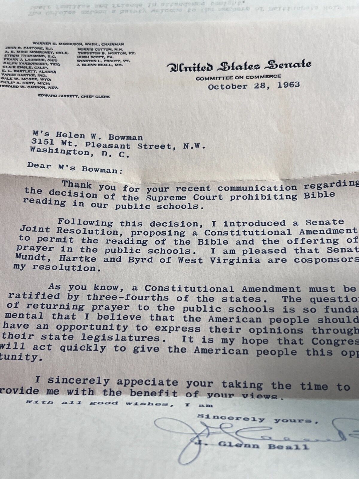 1963 US Senate letter concerning Bible reading in school, J. Glen Beall.