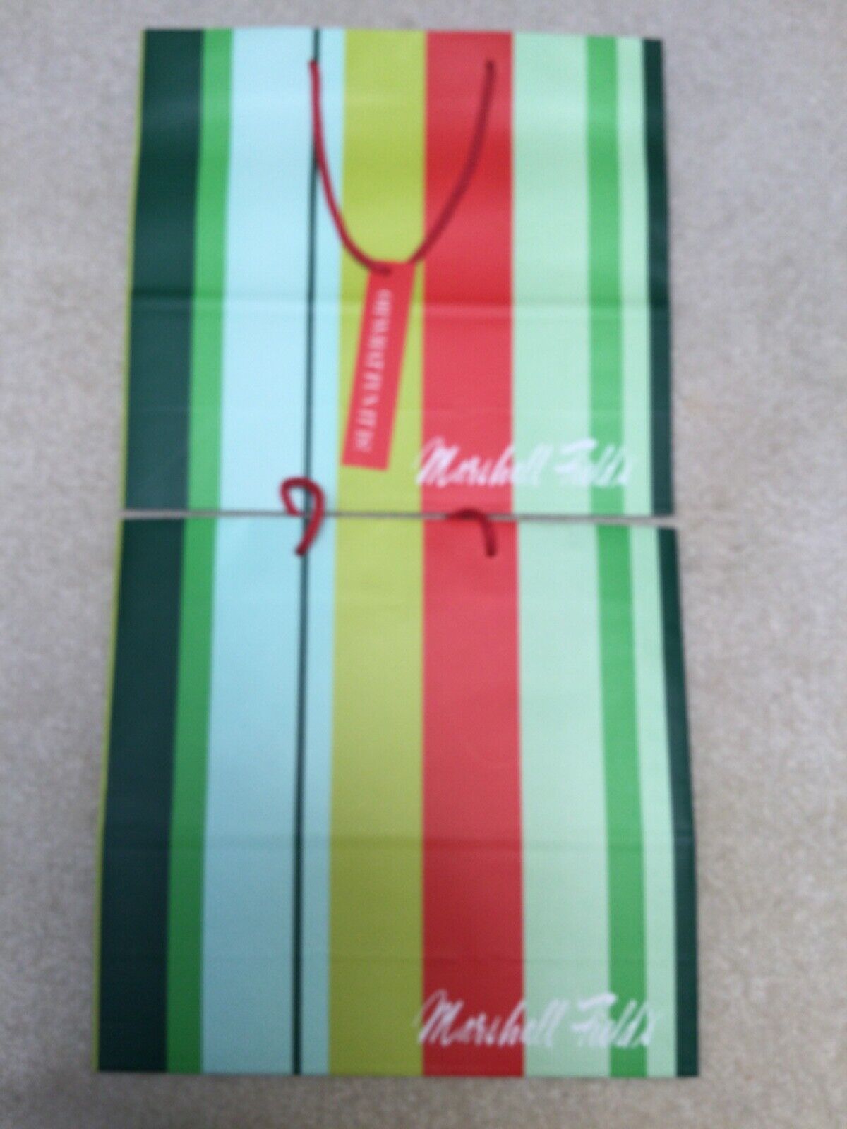 2 Green/Red Striped Marshall Field\'s Paper Bags 10.75” H. x 11.5” L x 4” W. each
