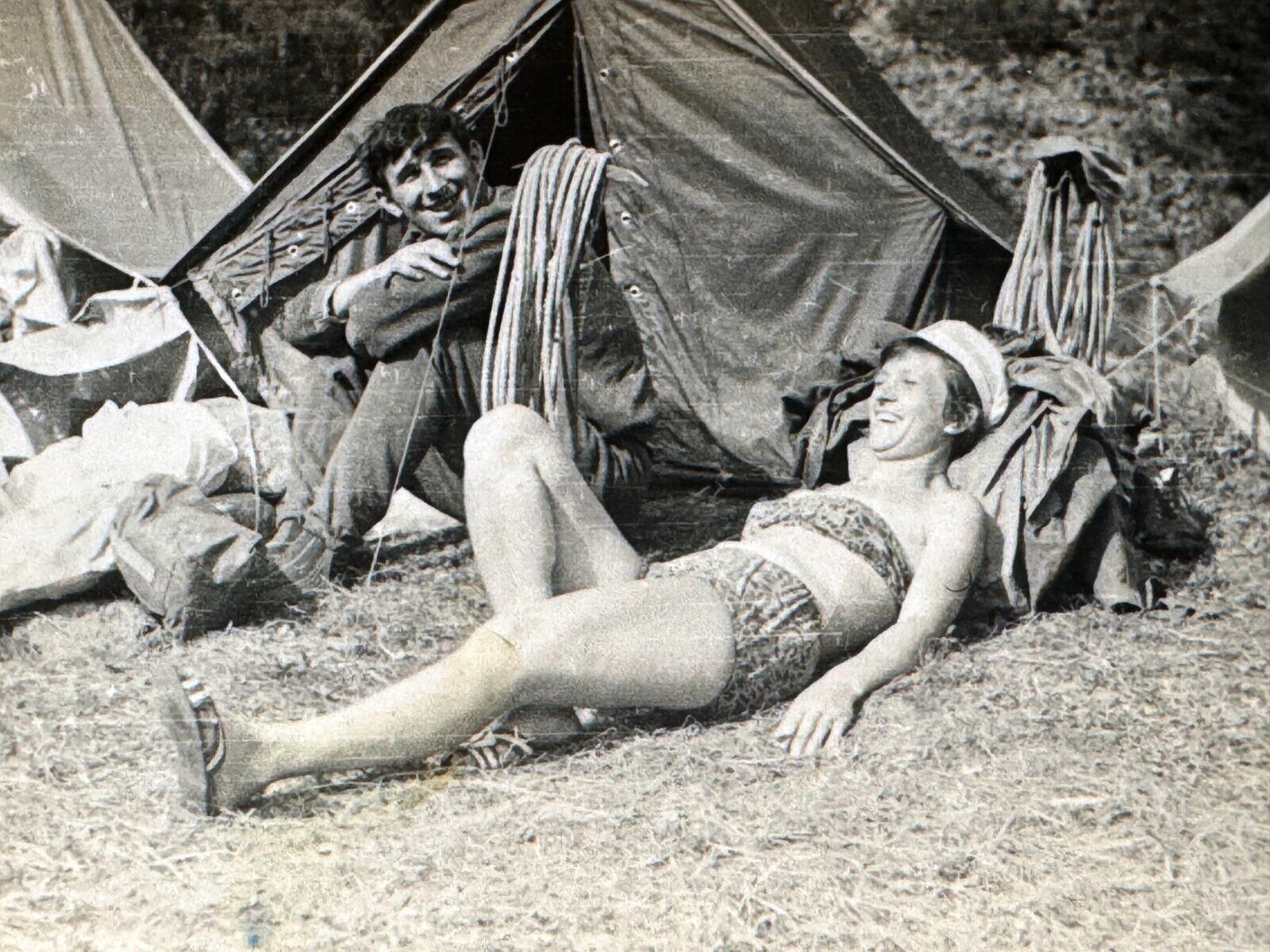 1960s Pretty Young Woman Bikini Man Tourists Camping Vintage B&W Photo