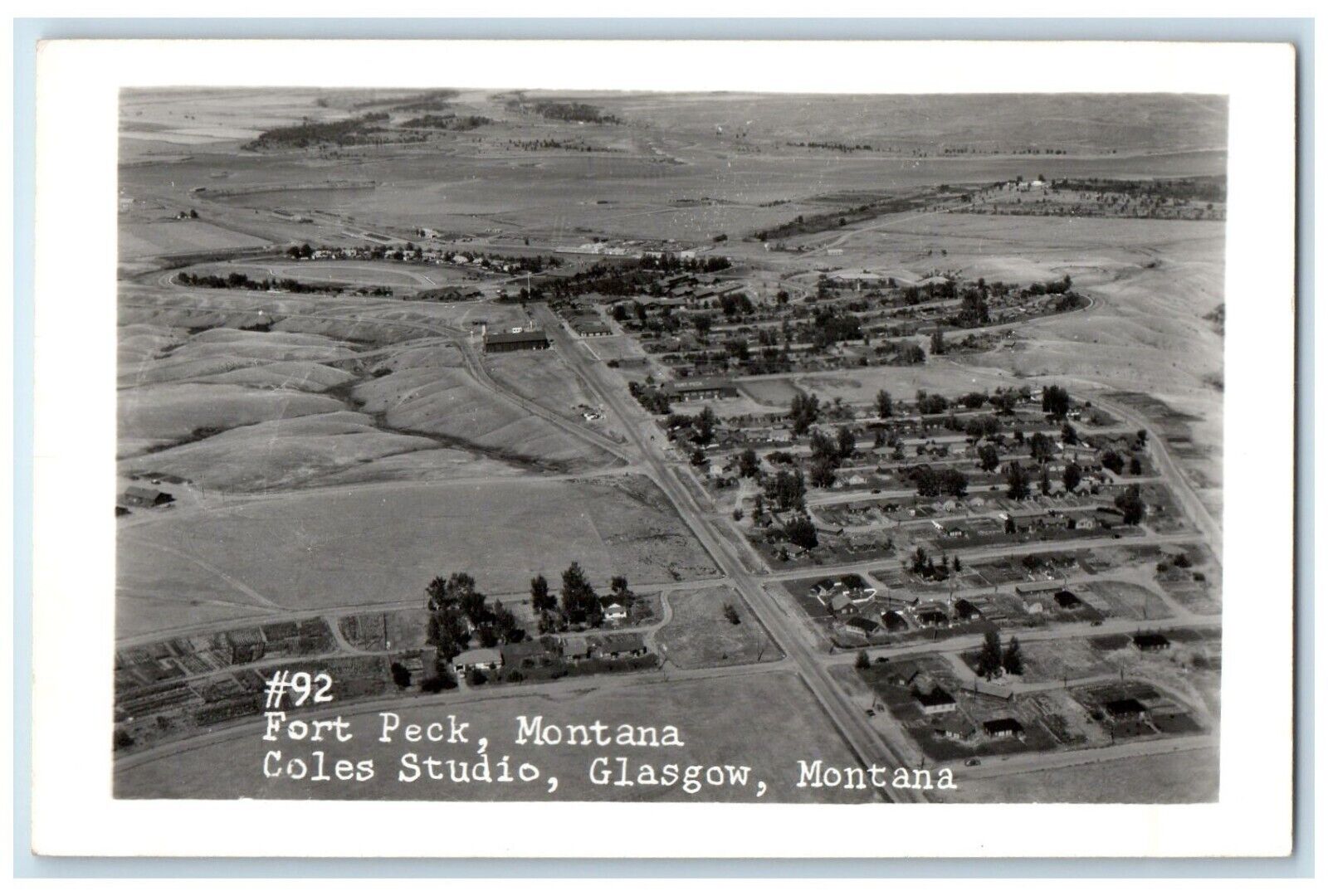 c1940s Birds Eye View Of Fort Peck Glasglow Montana MT Coles RPPC Photo Postcard