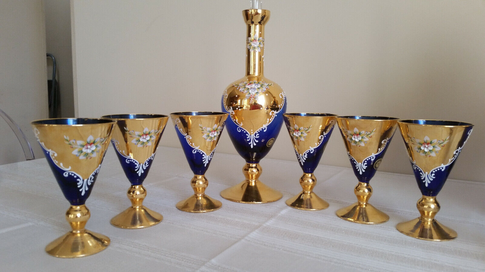 Antik Vintage 24K Gold Cobalt Blue 6 Wine Glasses Set Handmade Murano