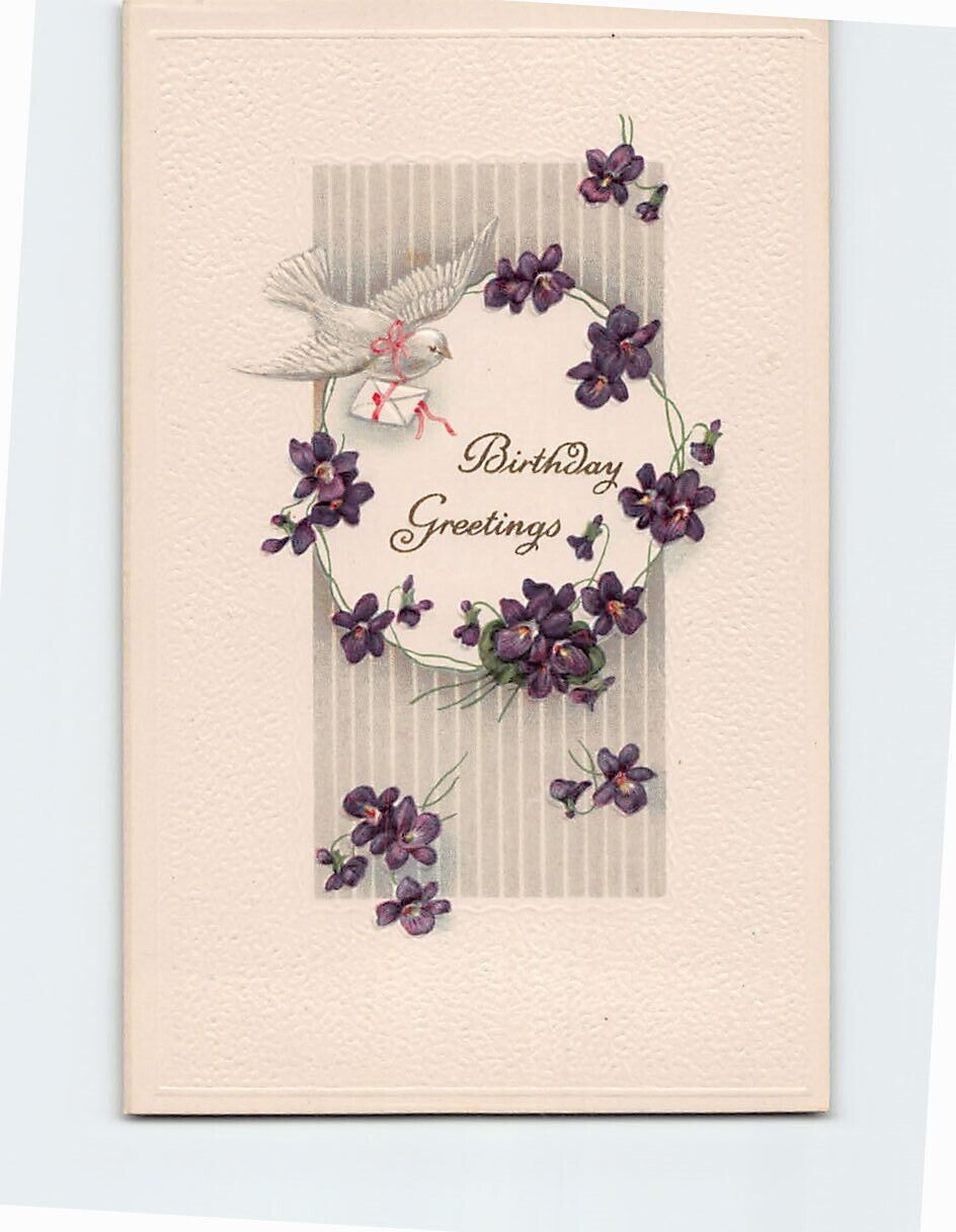 Postcard Birthday Greetings Dove & Flower Art Print Embossed Card