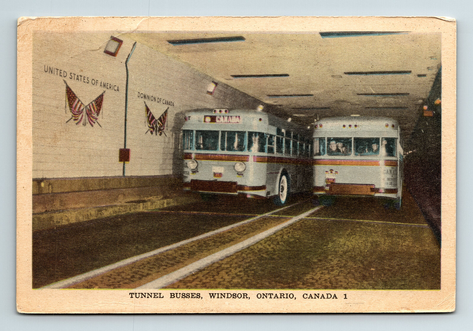 Postcard Windsor Ontario Canada Tunnel Busses Krom-O-Graph