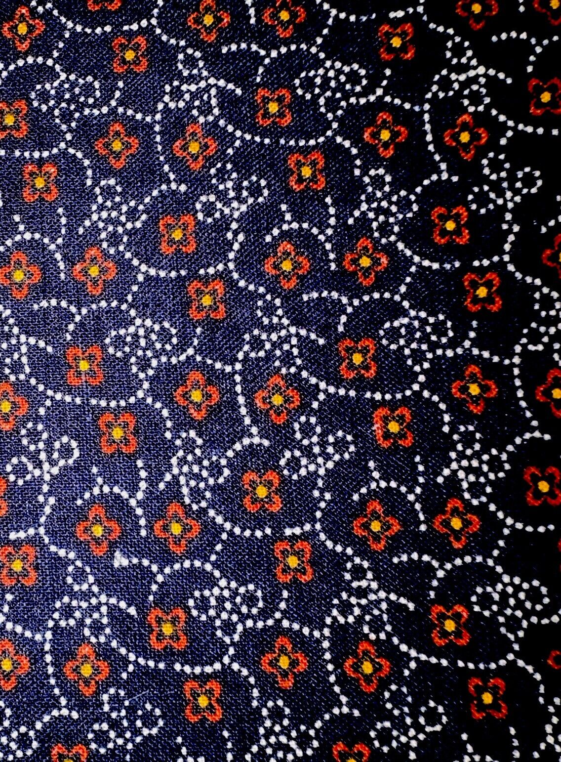 70s Vtg Japanese Floral Fabric 41”x3Y Red Gold White Daisies on Black Background