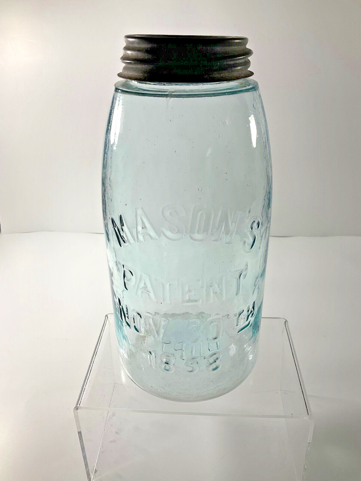 Antique, Aqua Blu Mason's Patent NOV 30th 1858, 2-Quart Canning Jar w/ Zinc Lid 