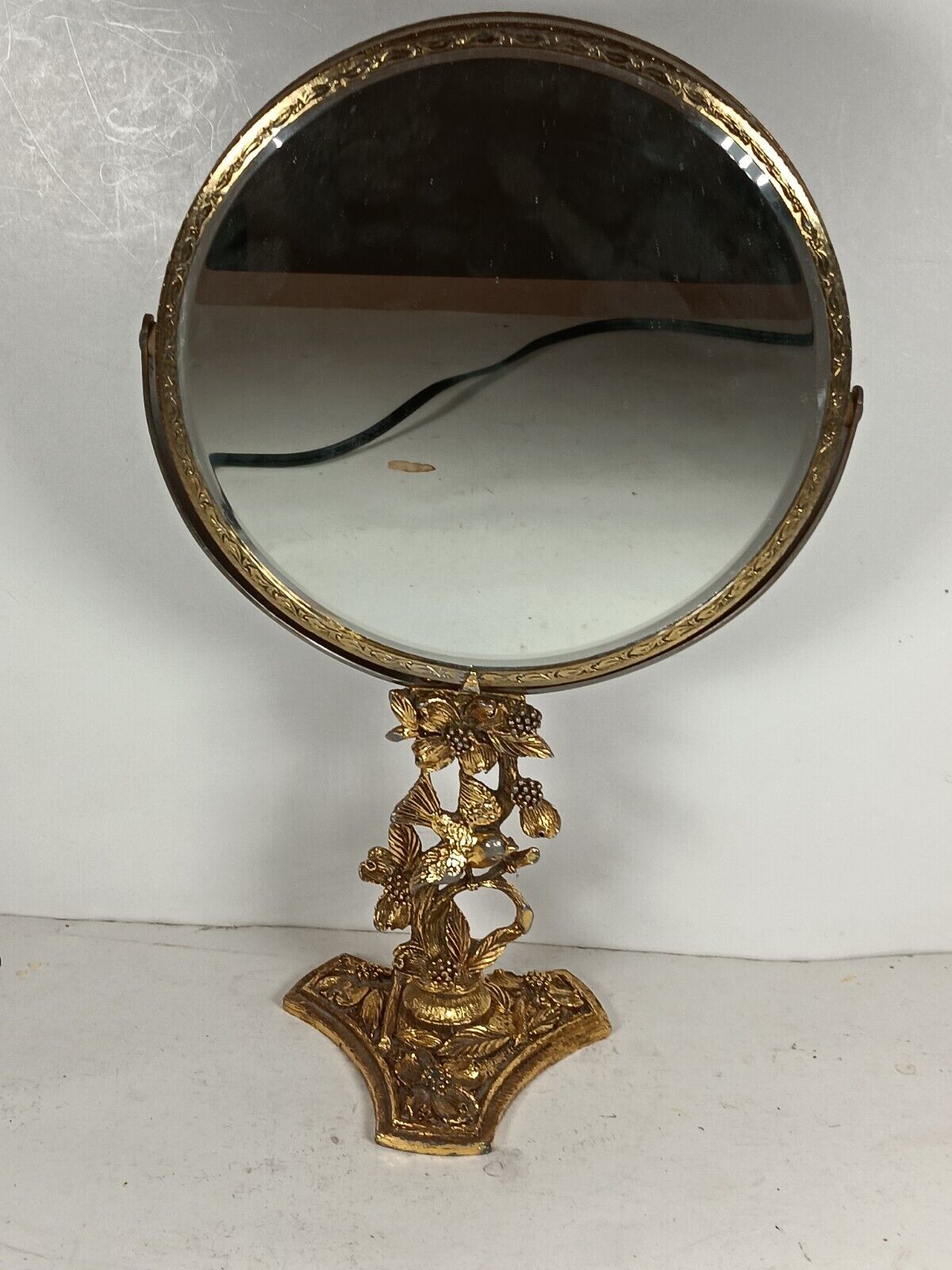Vintage Matson Gold Ormolu Bird & Tree Dogwood Magnifying Tilt Vanity Mirror