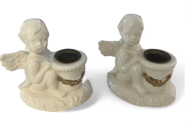 CUTE Vintage Ceramic Angel Cherub CANDLEHOLDERS