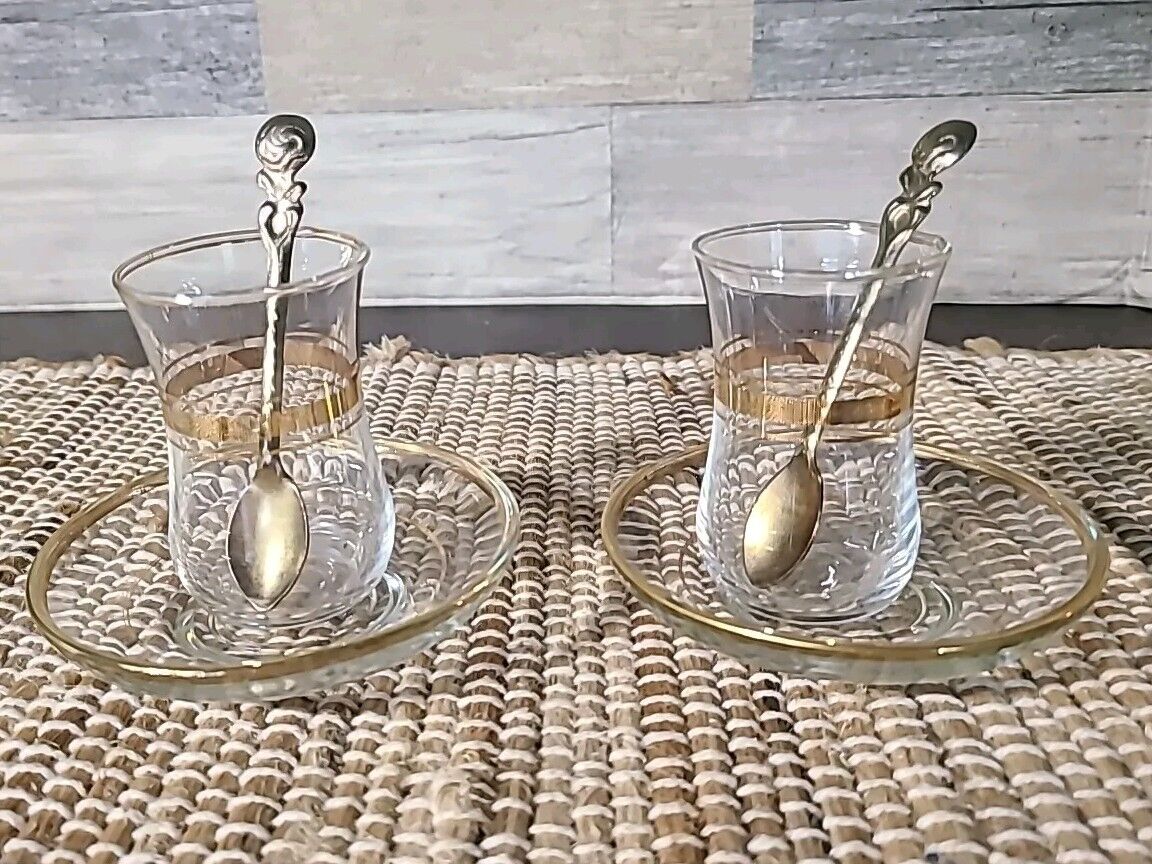 Vtg Lot 2 Turkish Tea Glasses Saucers Cups Spoons Clear Gold Trim