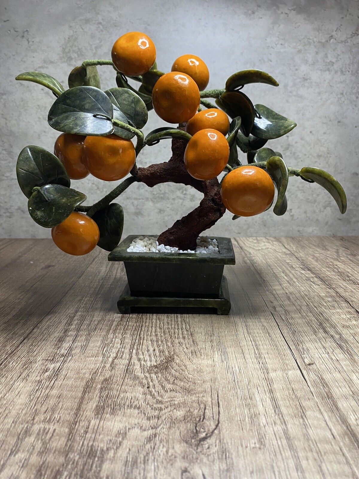 Vintage Hand Carved Jade Mandarin Orange Fend Shui Good Fortune Tree
