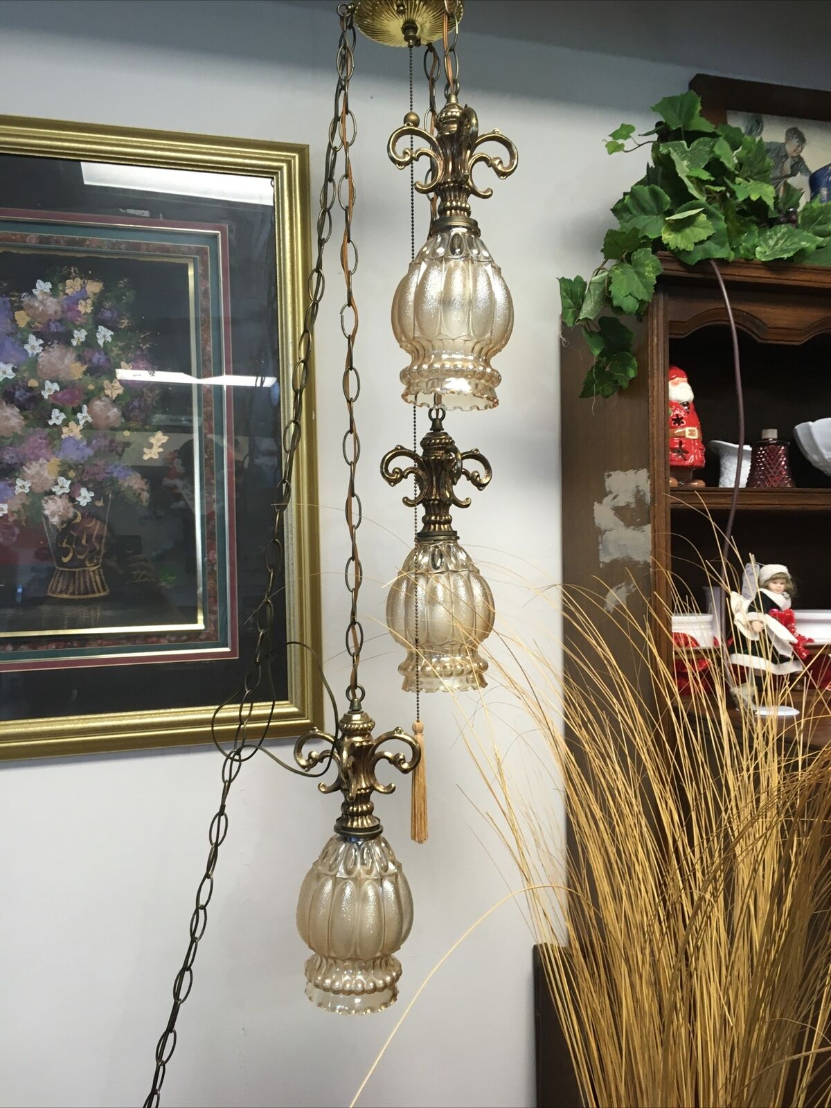 Vintage Triple Globe And Brass Hanging Lamp