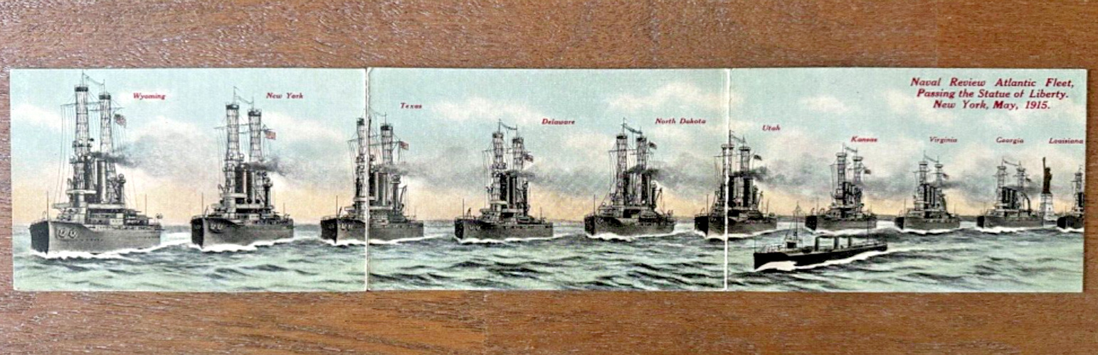 Fold-Out Postcard Naval Review Atlantic Fleet Battleships at Sea 1915 New York