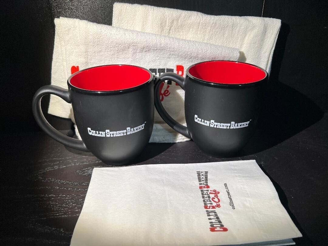 TWO COFFEE MUGS & FLOUR SACK DISH TOWELS FROM COLLIN STREET BAKERY (TX)