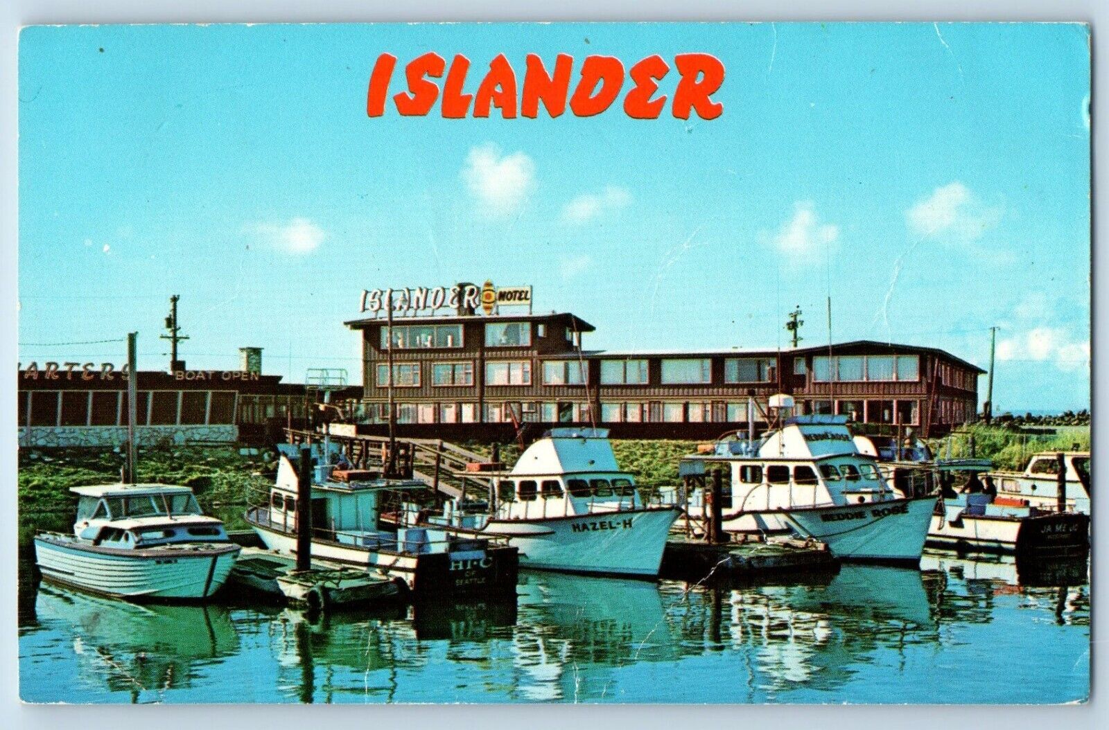 Westport Washington WA Postcard Islander Motel Charters Headquarters Dock c1960