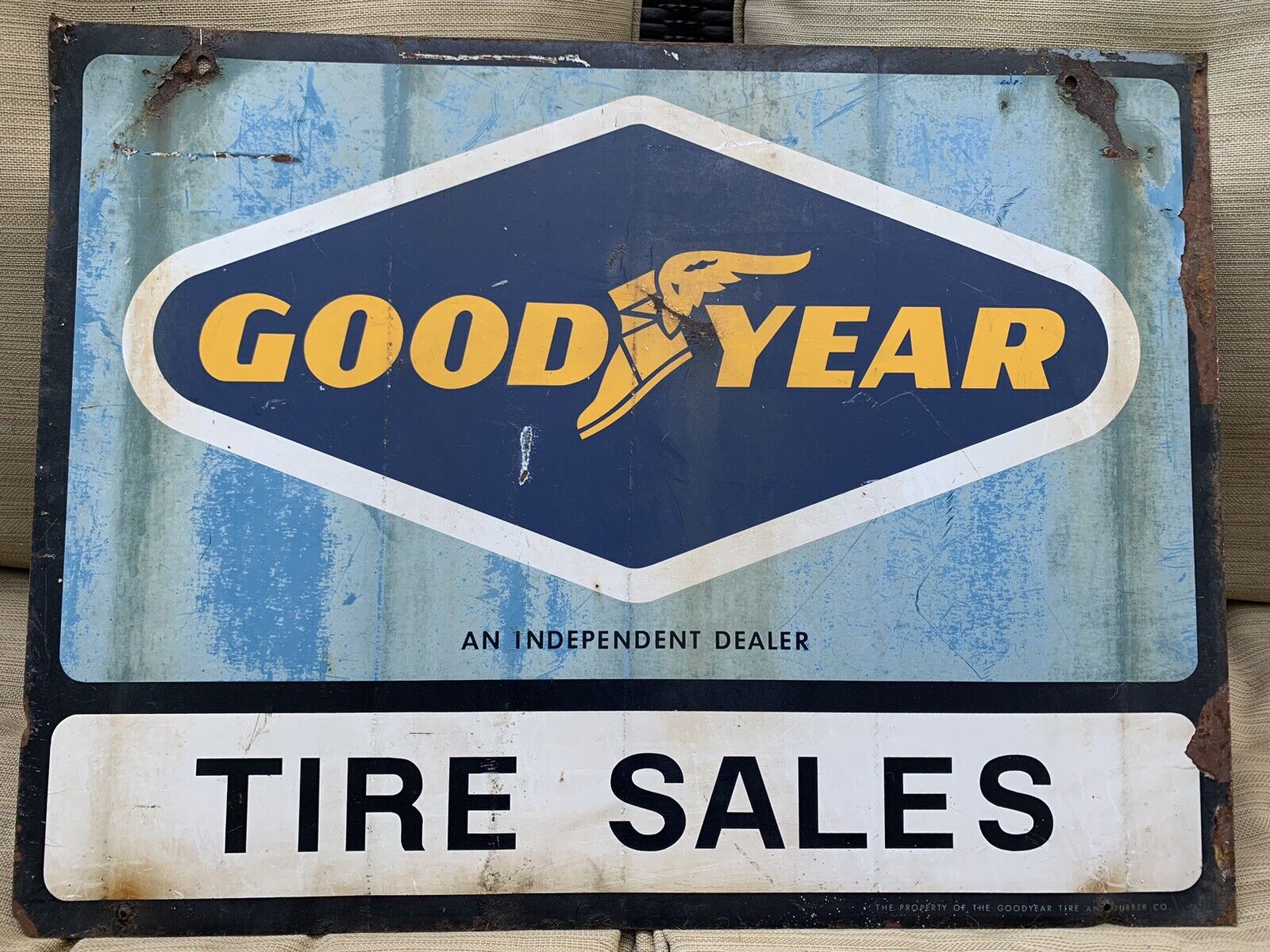 Vintage Goodyear Tire Sales Double sided Painted Metal Sign Oil Gas Auto Truck