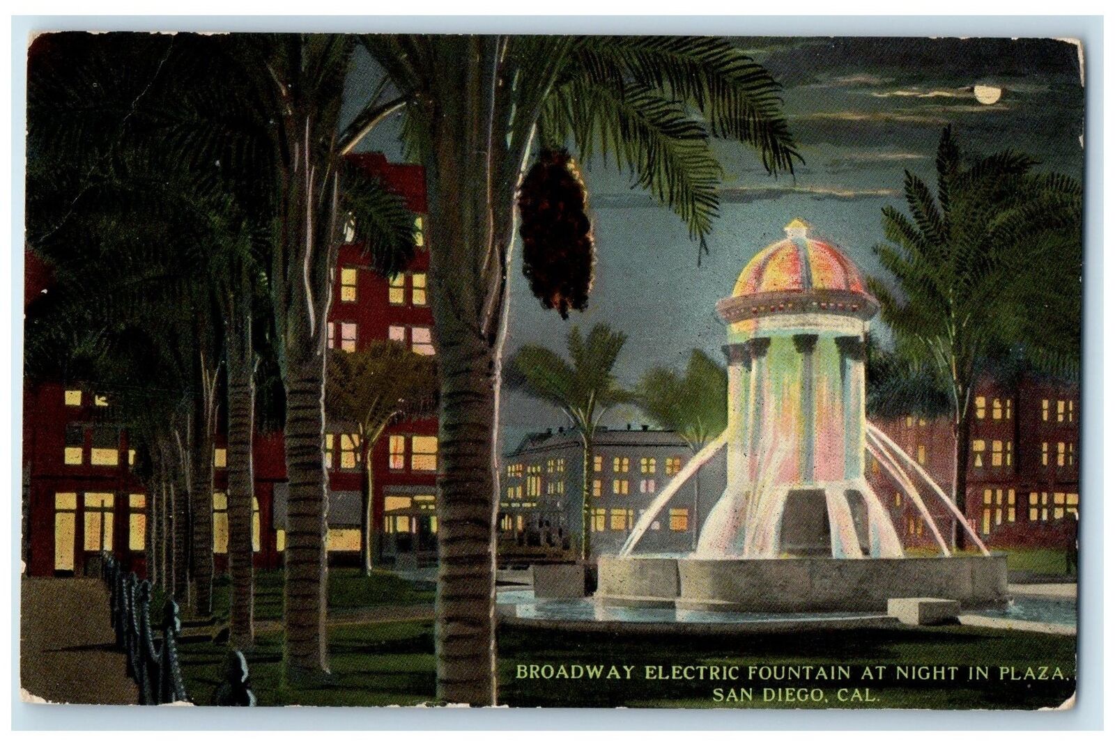 c1950's Broadway Electric Fountain At Night In Plaza View San Diego CA Postcard