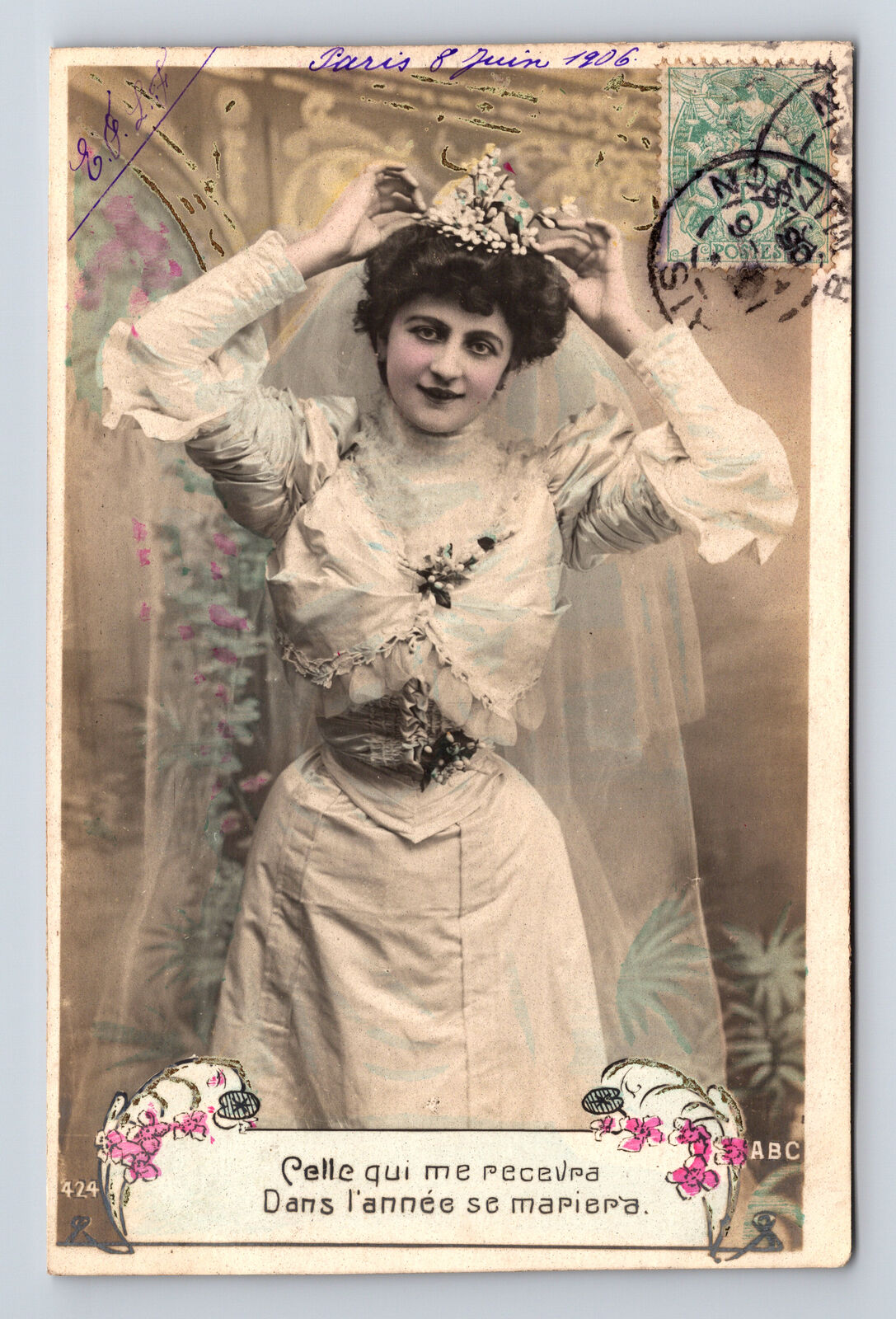 c1906 RPPC French Hand Colored Portrait of Beautiful Woman Small Waist Postcard