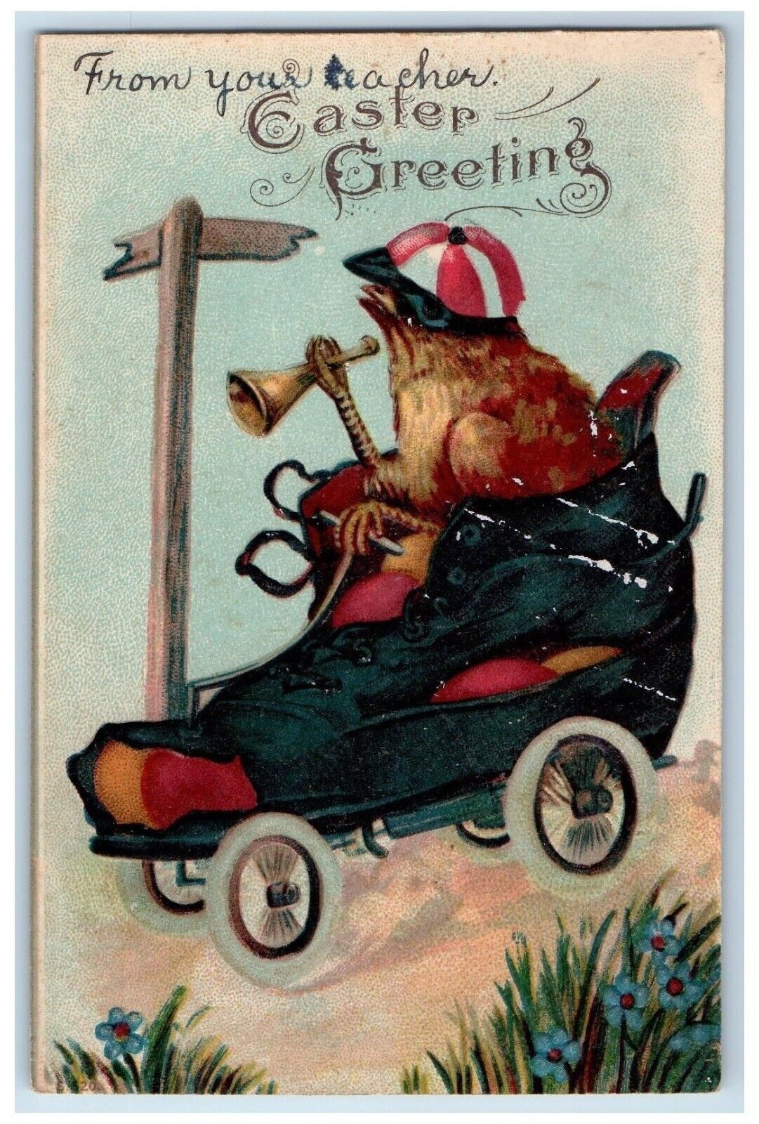c1910\'s Easter Greeting Anthropomorphic Chick Driving Shoe Car Embossed Postcard