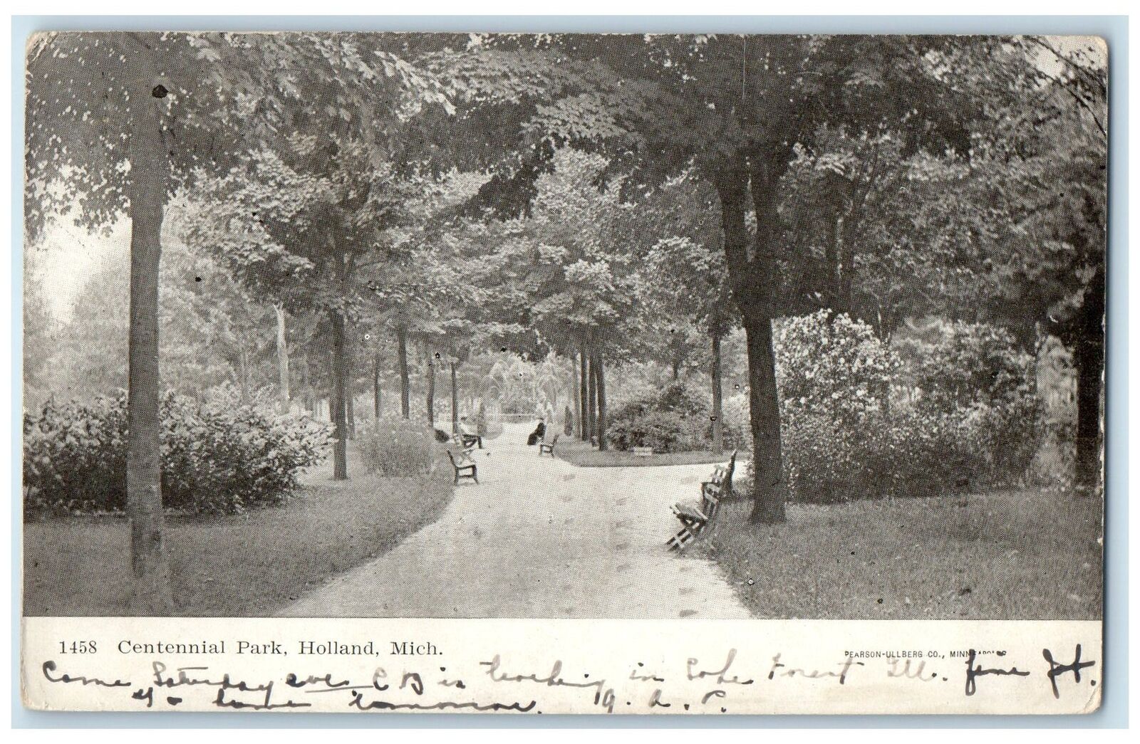 1906 Centennial Park Bench Trees Holland Michigan MI Posted Vintage Postcard