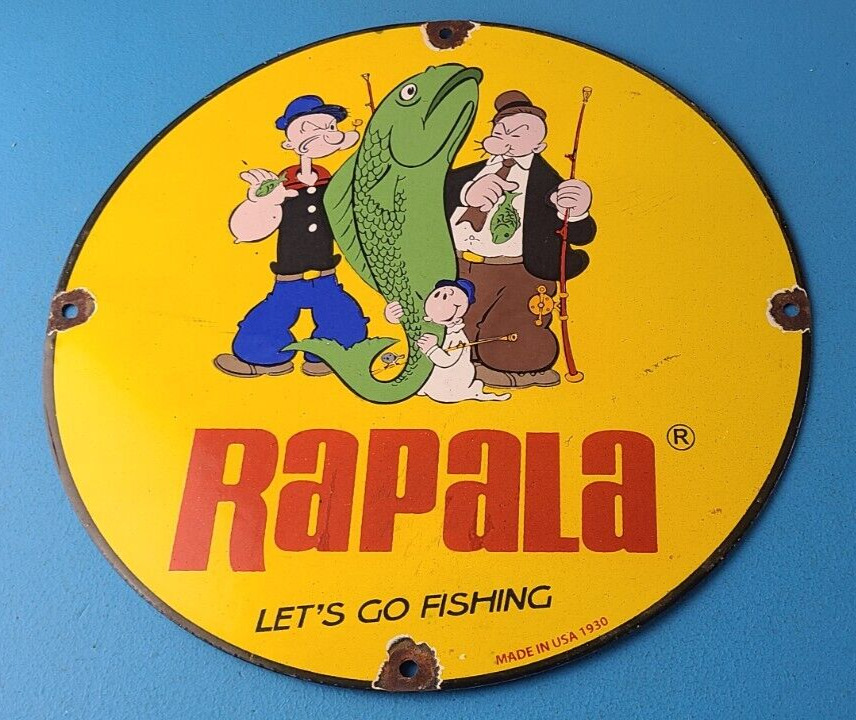Vintage Rapala Fishing Lures Sign - Popeye Big Fish Porcelain Gas Pump Sign