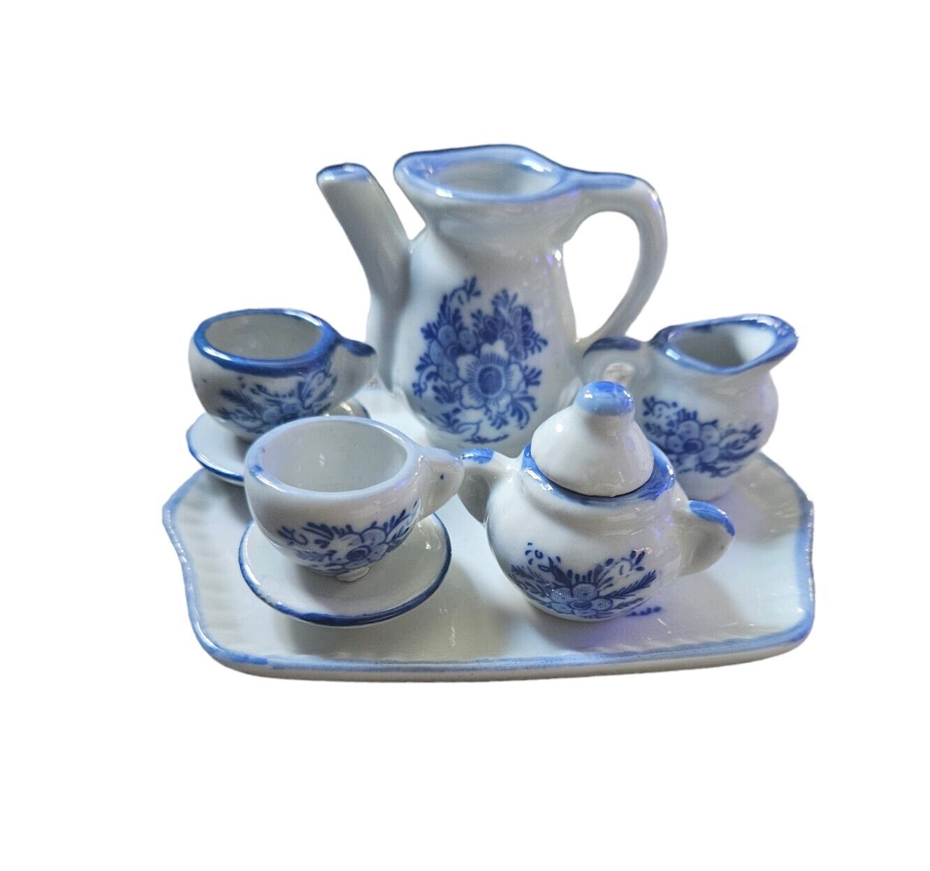Vintage Miniature Porcelain Collectible Tea Set White With Blue Flowers