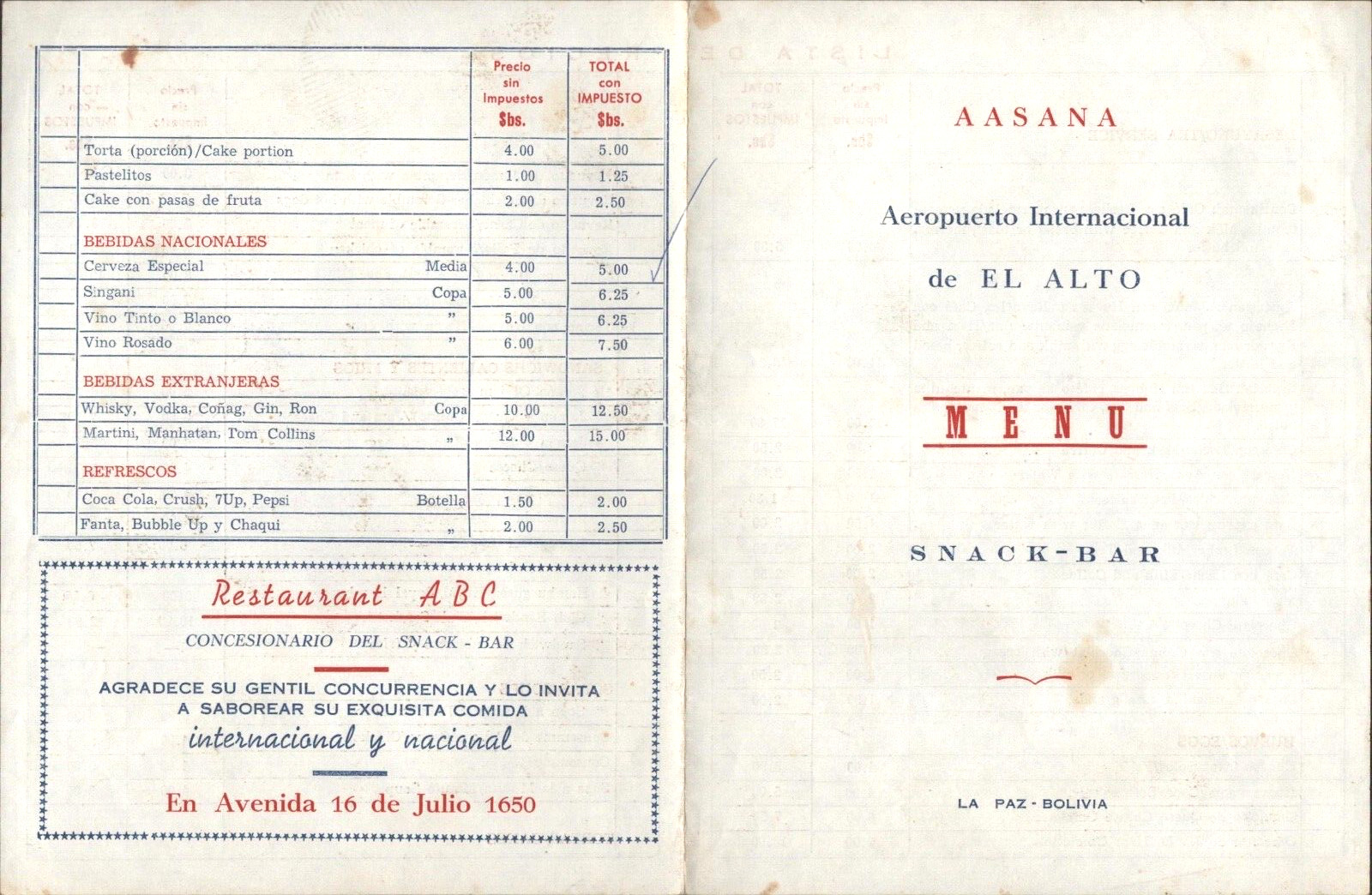 1968 AEROPUERTO INTERNACIONAL DE EL ATO vintage snack bar menu LA PAZ, BOLIVIA