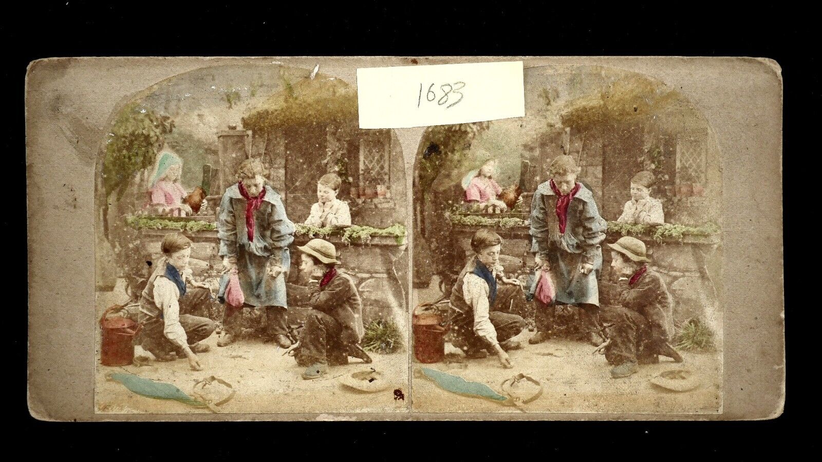 EARLY 1850s hand colored Stereoview - KNUCKLE DOWN - flat mount