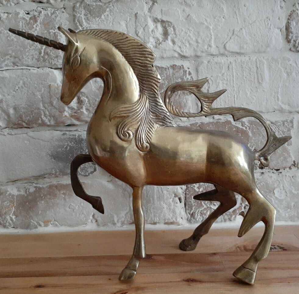 VTG Large Solid Brass War Unicorn Figurine Sculpture 12\